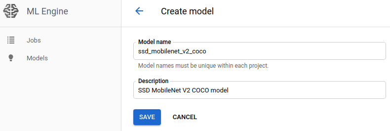 Create first model in ML Engine - fill model name